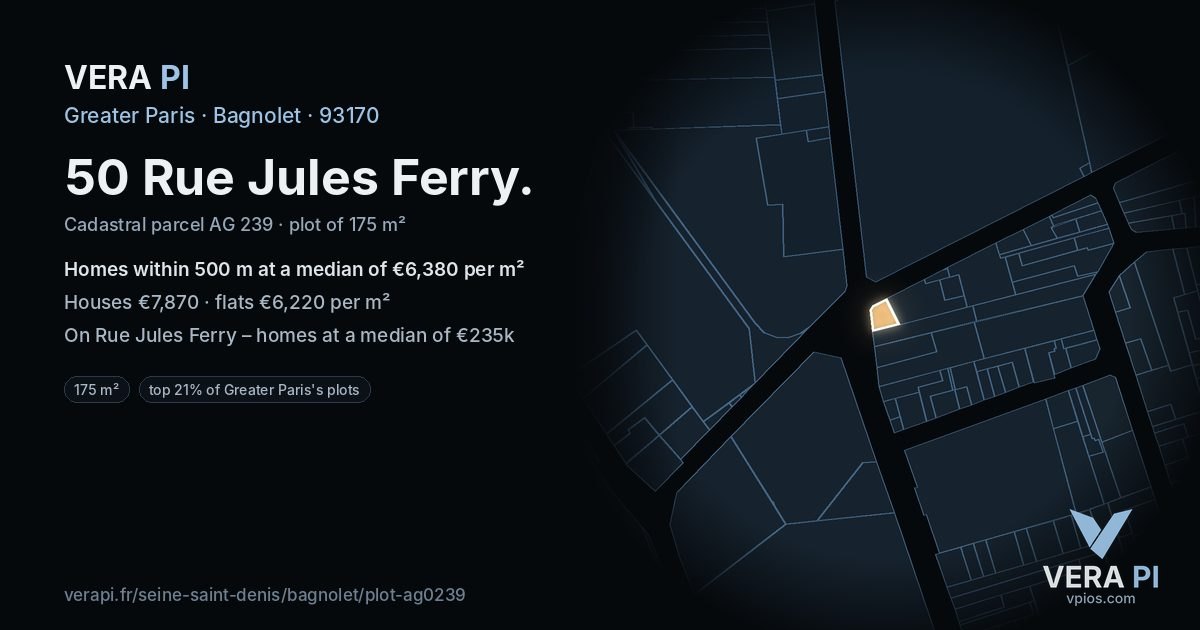 50 Rue Jules Ferry, Bagnolet at night – the plot lit, the parcels around coloured by the prices near them