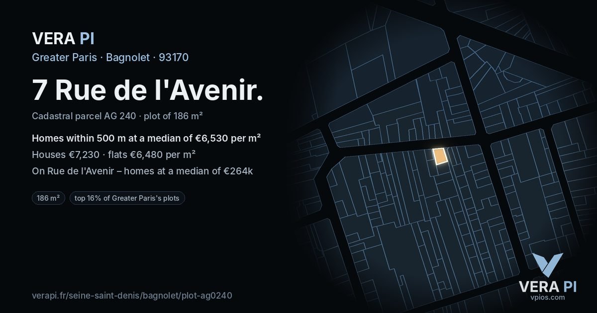 7 Rue de l'Avenir, Bagnolet at night – the plot lit, the parcels around coloured by the prices near them