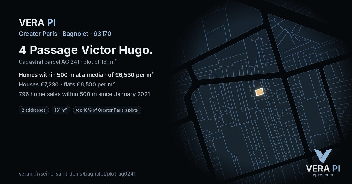 4 Passage Victor Hugo, Bagnolet at night – the plot lit, the parcels around coloured by the prices near them