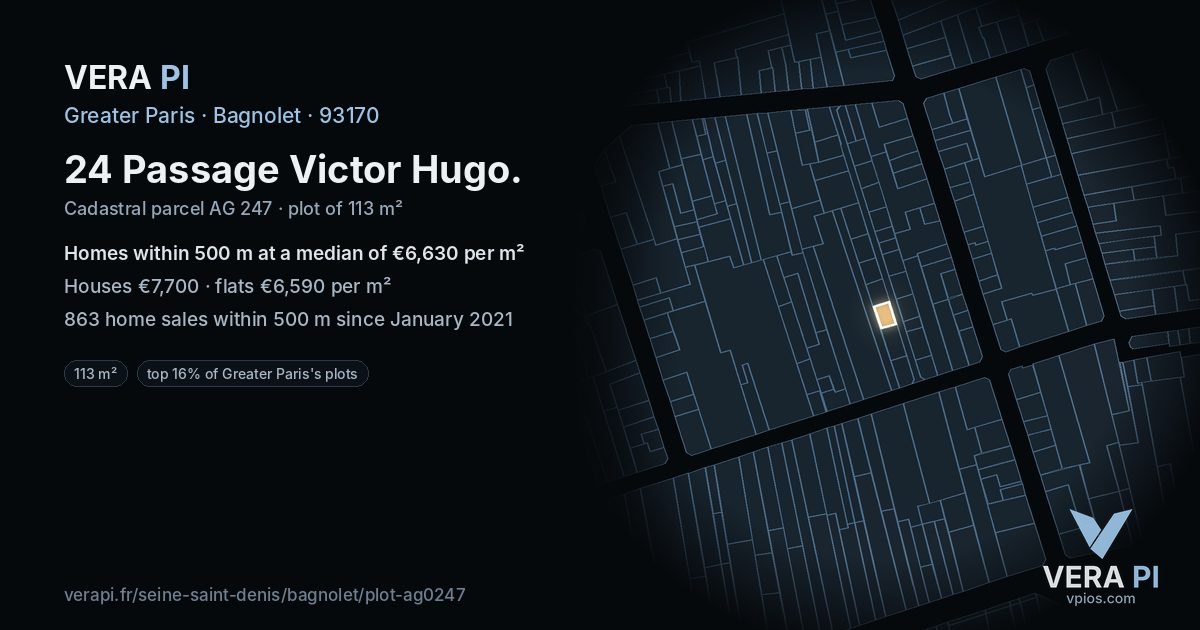 24 Passage Victor Hugo, Bagnolet at night – the plot lit, the parcels around coloured by the prices near them