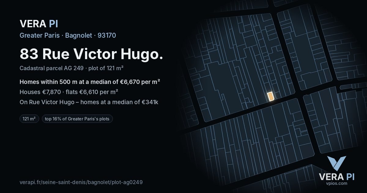 83 Rue Victor Hugo, Bagnolet at night – the plot lit, the parcels around coloured by the prices near them