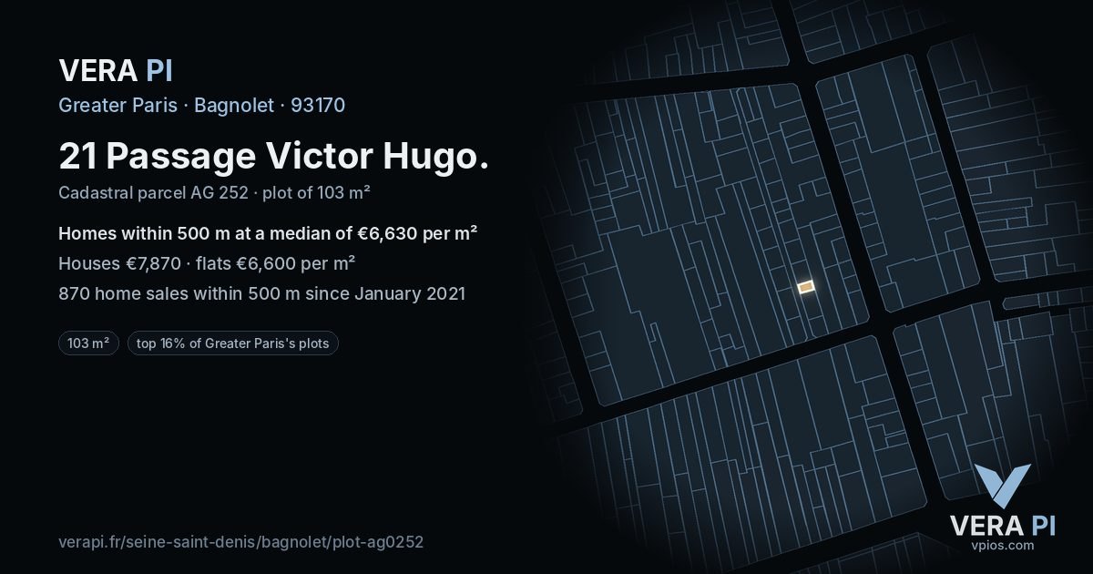 21 Passage Victor Hugo, Bagnolet at night – the plot lit, the parcels around coloured by the prices near them