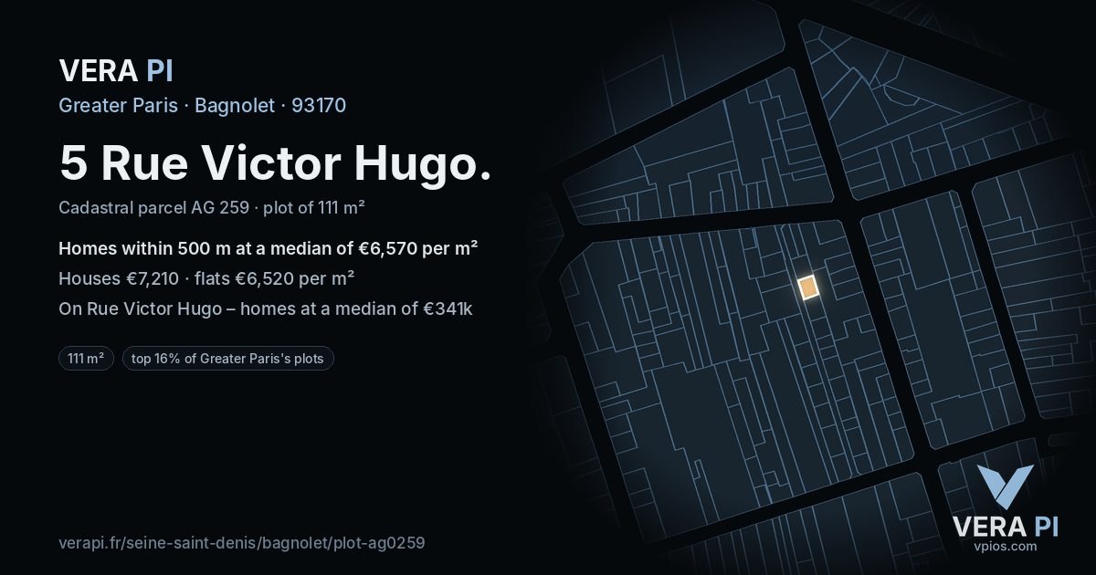 5 Rue Victor Hugo, Bagnolet at night – the plot lit, the parcels around coloured by the prices near them