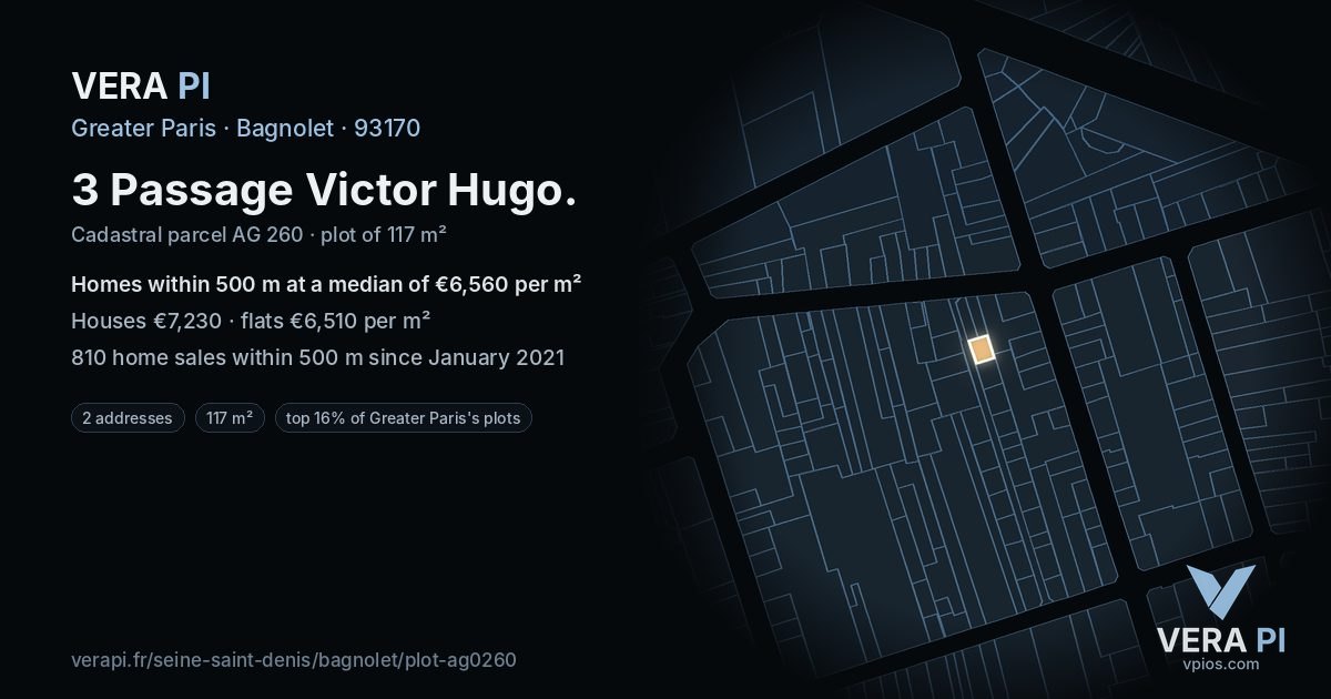 3 Passage Victor Hugo, Bagnolet at night – the plot lit, the parcels around coloured by the prices near them