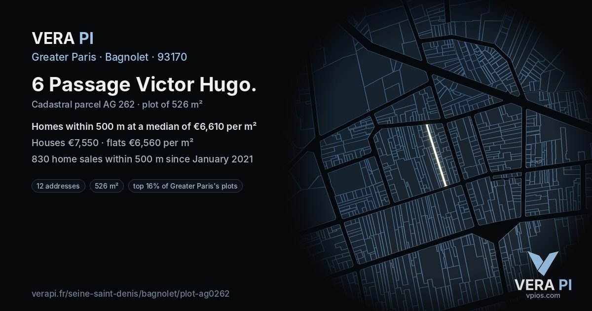6 Passage Victor Hugo, Bagnolet at night – the plot lit, the parcels around coloured by the prices near them