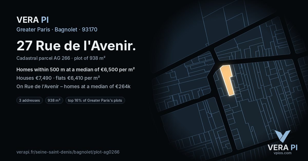 27 Rue de l'Avenir, Bagnolet at night – the plot lit, the parcels around coloured by the prices near them