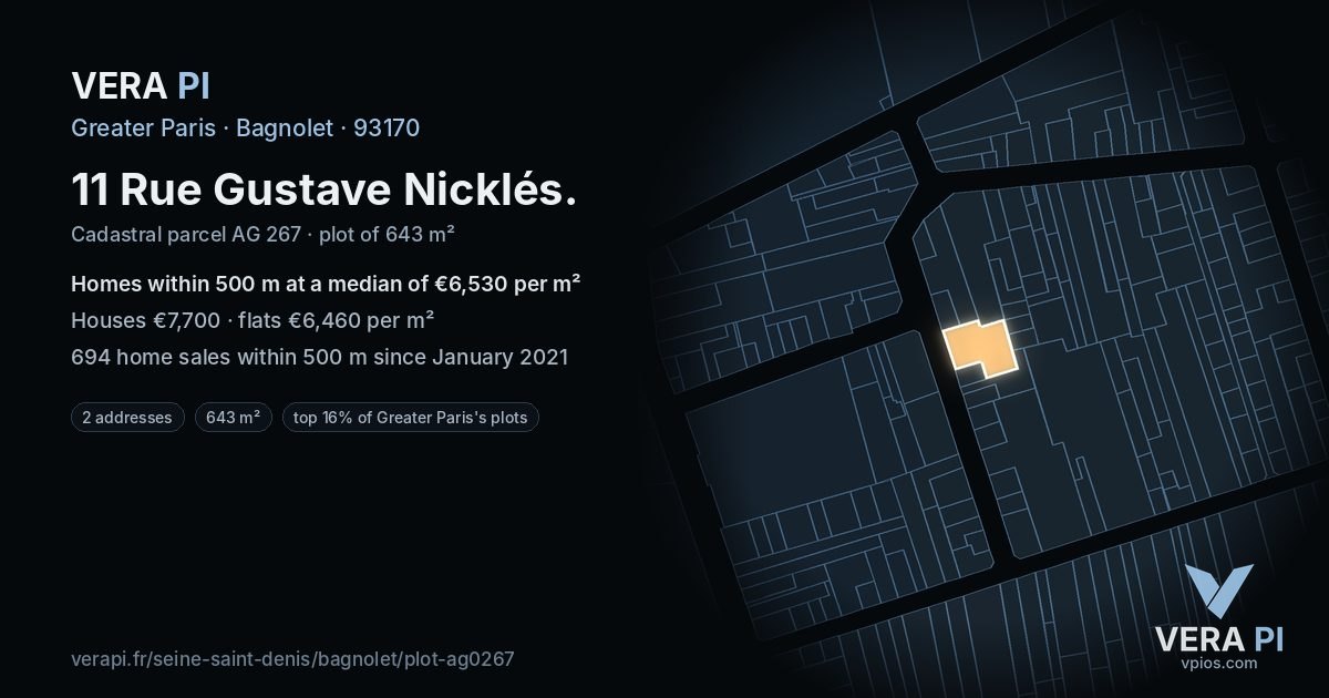 11 Rue Gustave Nicklés, Bagnolet at night – the plot lit, the parcels around coloured by the prices near them