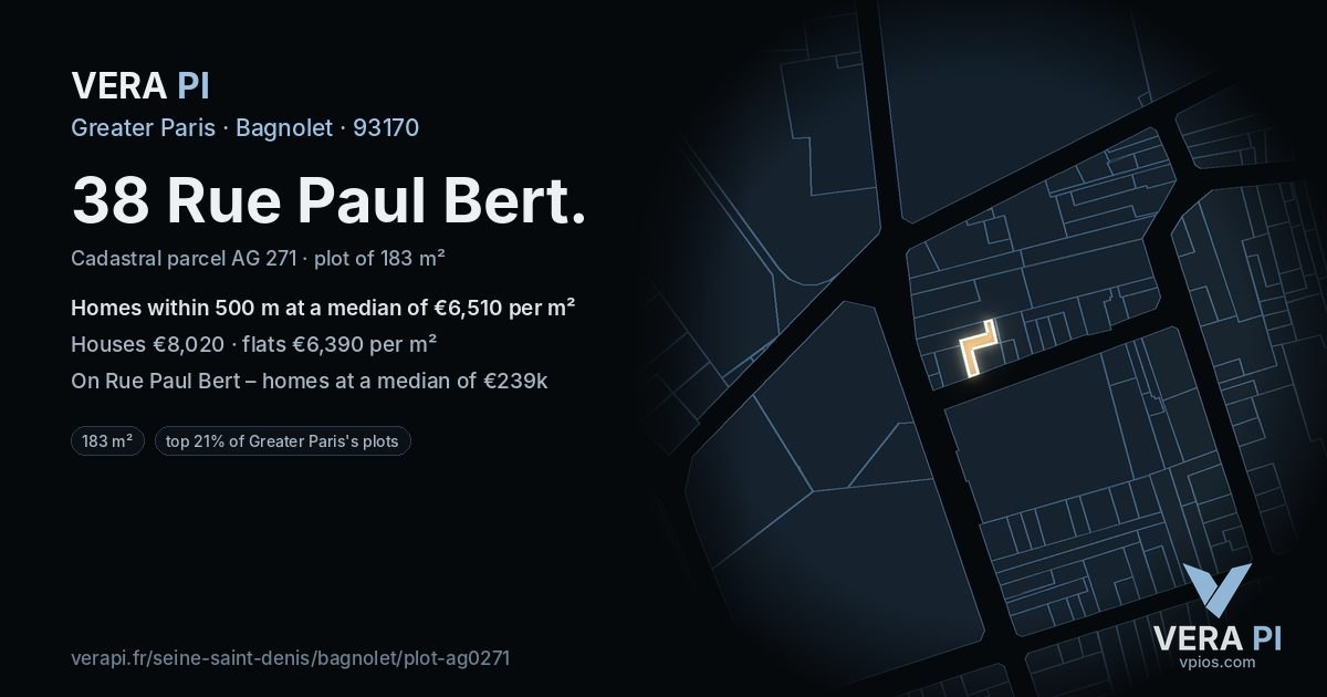 38 Rue Paul Bert, Bagnolet at night – the plot lit, the parcels around coloured by the prices near them