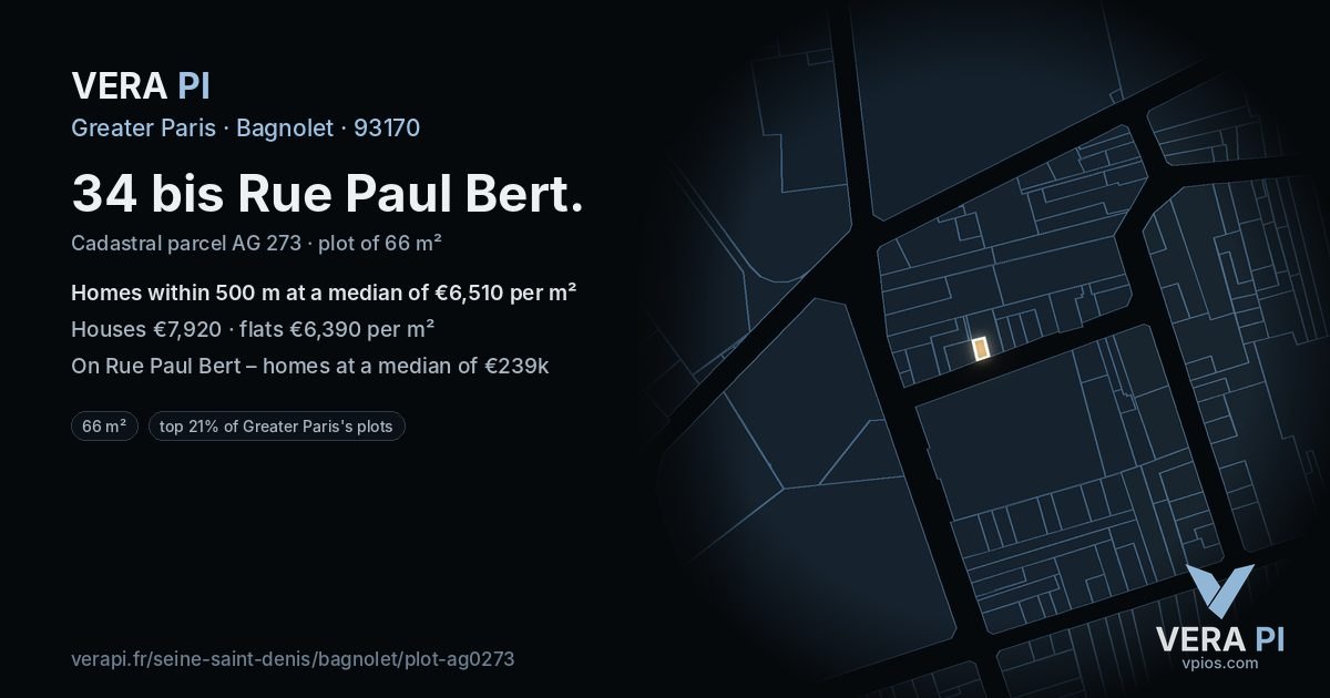 34 bis Rue Paul Bert, Bagnolet at night – the plot lit, the parcels around coloured by the prices near them