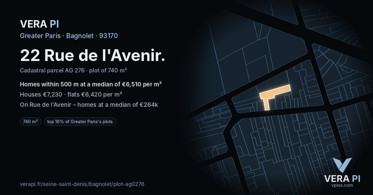 22 Rue de l'Avenir, Bagnolet at night – the plot lit, the parcels around coloured by the prices near them