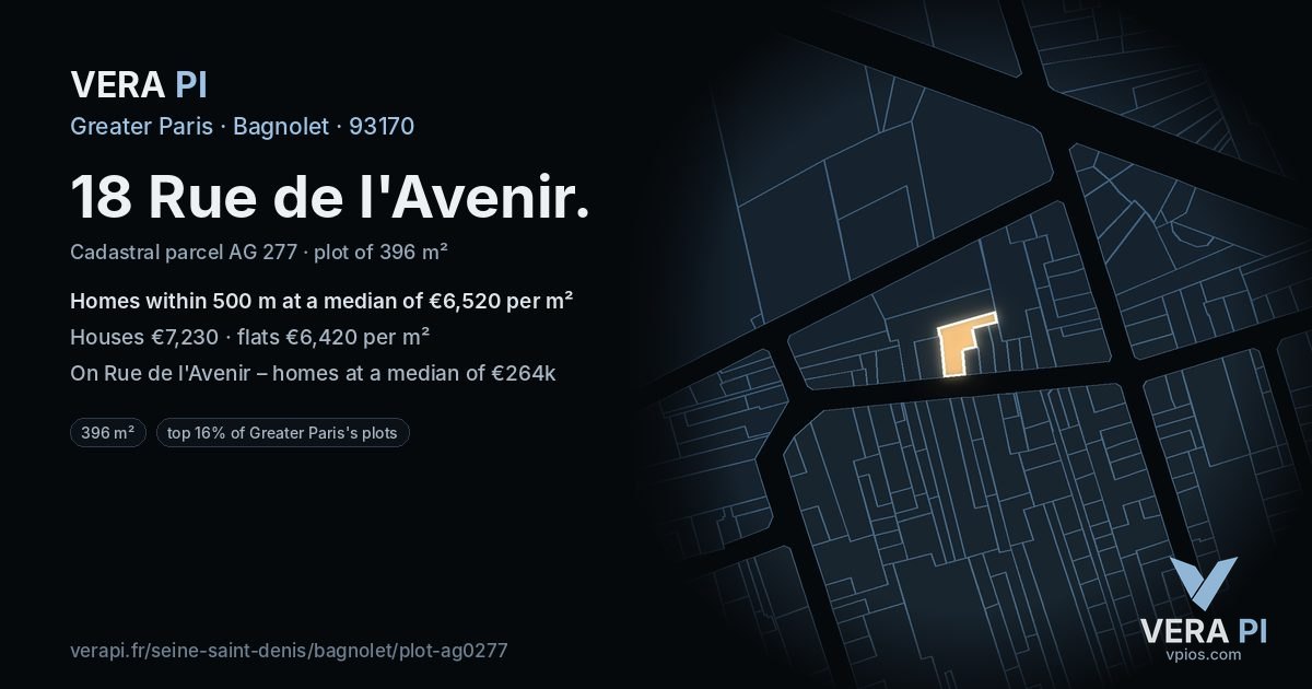18 Rue de l'Avenir, Bagnolet at night – the plot lit, the parcels around coloured by the prices near them