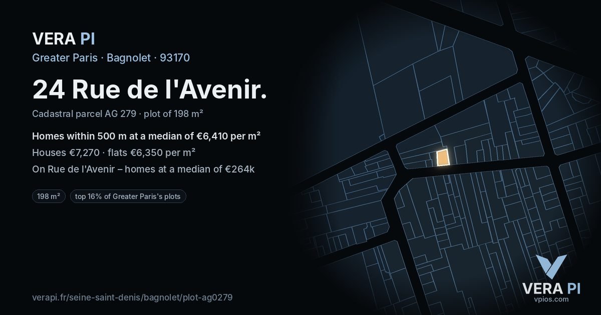 24 Rue de l'Avenir, Bagnolet at night – the plot lit, the parcels around coloured by the prices near them