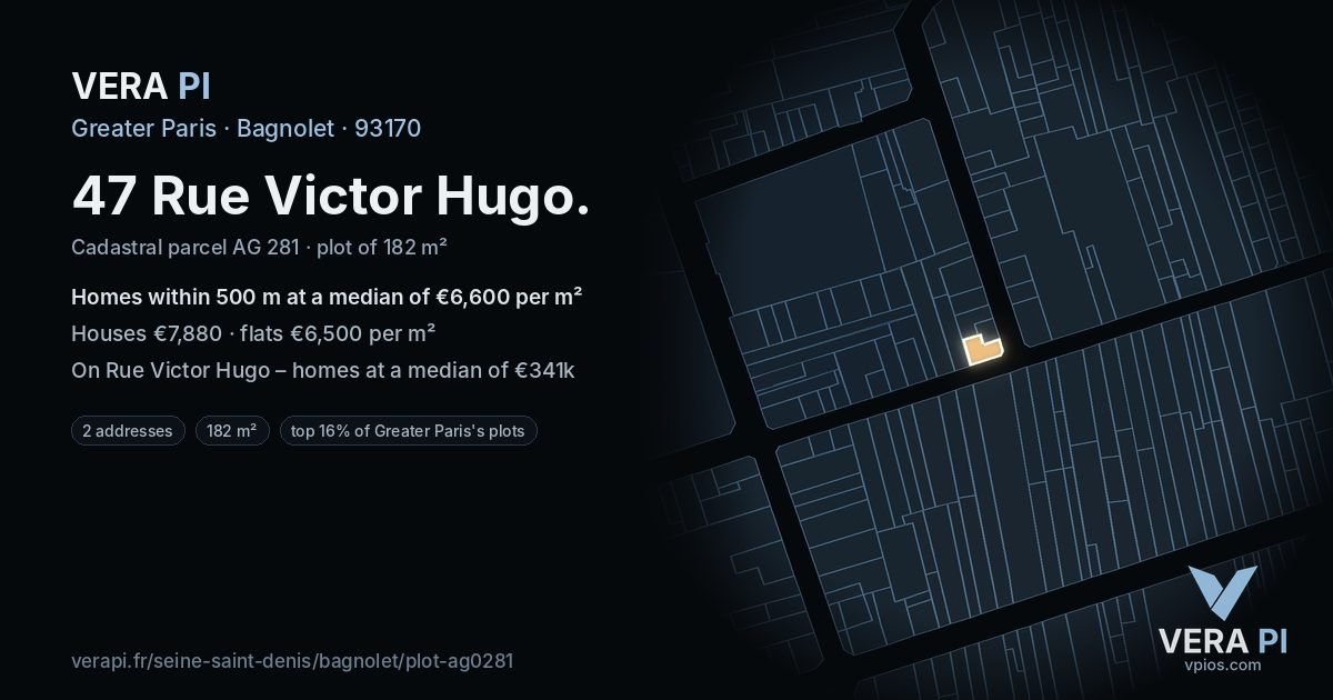 47 Rue Victor Hugo, Bagnolet at night – the plot lit, the parcels around coloured by the prices near them