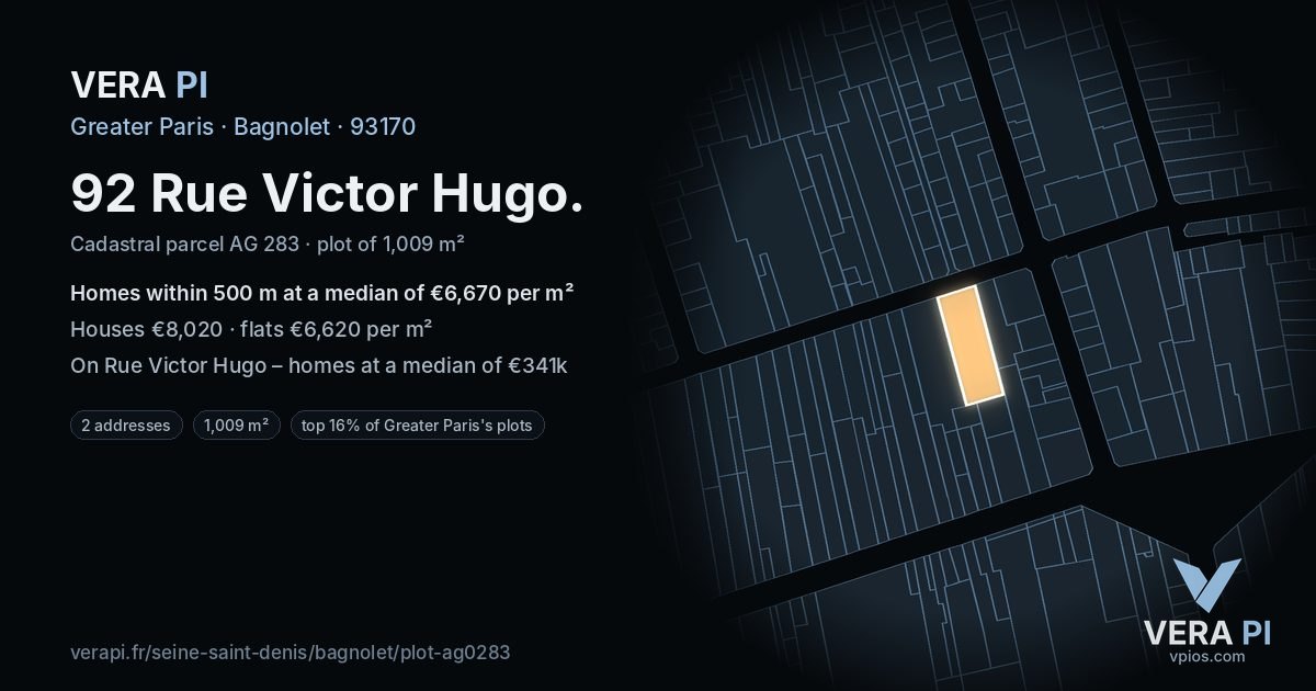 92 Rue Victor Hugo, Bagnolet at night – the plot lit, the parcels around coloured by the prices near them
