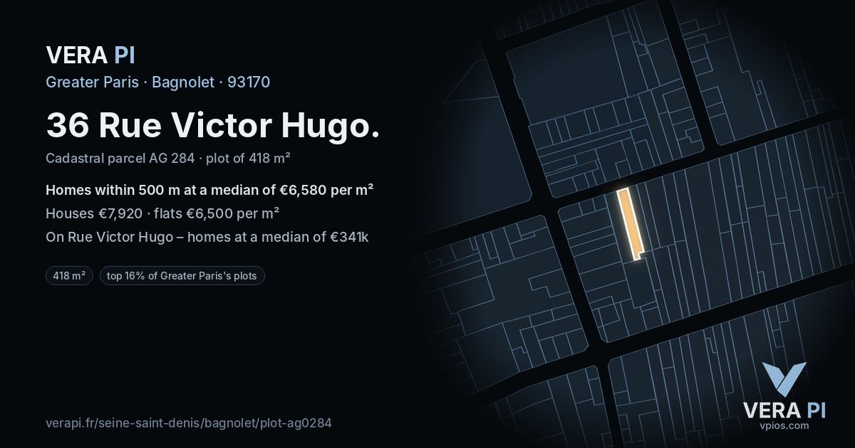 36 Rue Victor Hugo, Bagnolet at night – the plot lit, the parcels around coloured by the prices near them