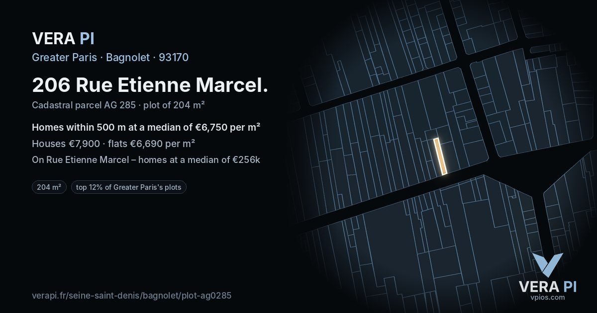 206 Rue Etienne Marcel, Bagnolet at night – the plot lit, the parcels around coloured by the prices near them