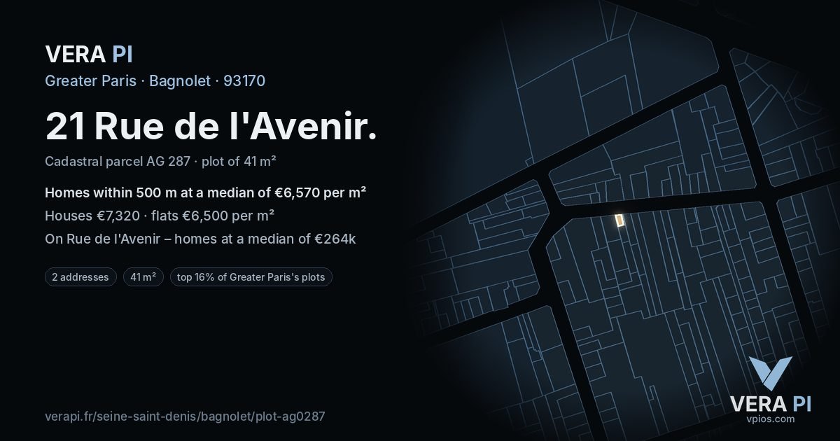 21 Rue de l'Avenir, Bagnolet at night – the plot lit, the parcels around coloured by the prices near them