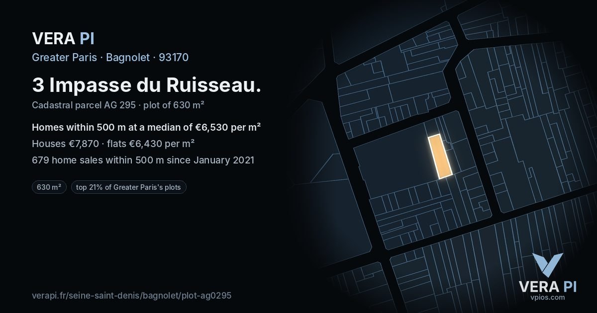 3 Impasse du Ruisseau, Bagnolet at night – the plot lit, the parcels around coloured by the prices near them