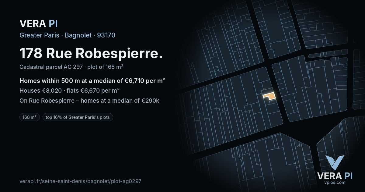 178 Rue Robespierre, Bagnolet at night – the plot lit, the parcels around coloured by the prices near them