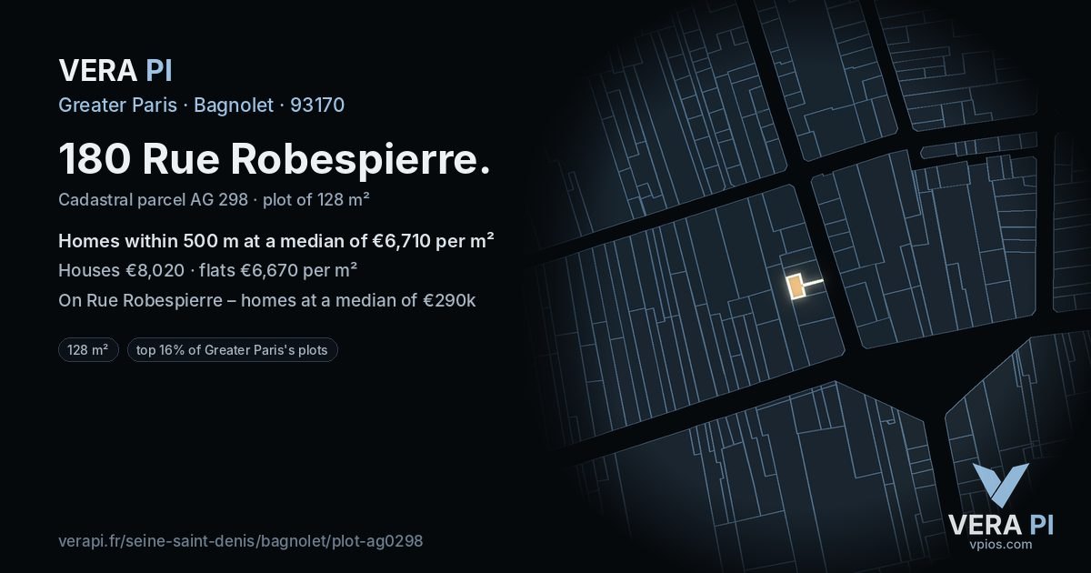 180 Rue Robespierre, Bagnolet at night – the plot lit, the parcels around coloured by the prices near them