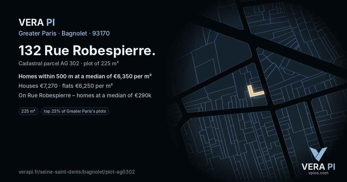 132 Rue Robespierre, Bagnolet at night – the plot lit, the parcels around coloured by the prices near them