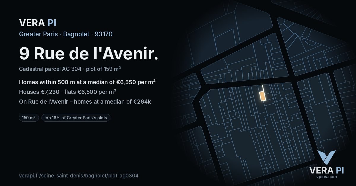 9 Rue de l'Avenir, Bagnolet at night – the plot lit, the parcels around coloured by the prices near them