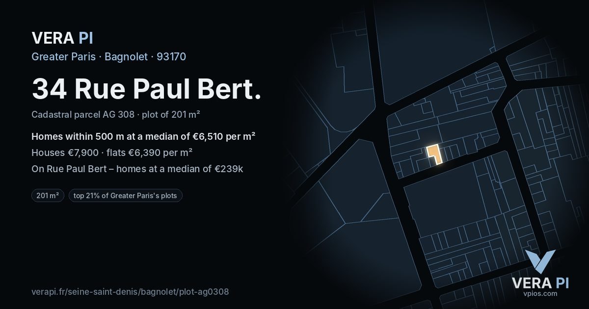 34 Rue Paul Bert, Bagnolet at night – the plot lit, the parcels around coloured by the prices near them