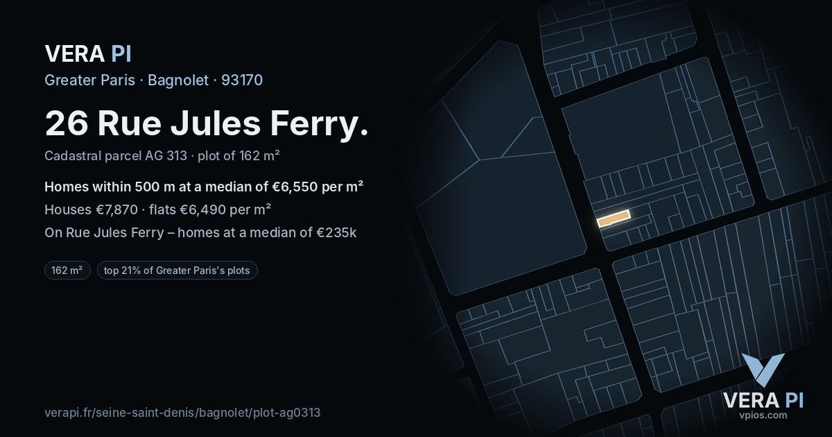 26 Rue Jules Ferry, Bagnolet at night – the plot lit, the parcels around coloured by the prices near them