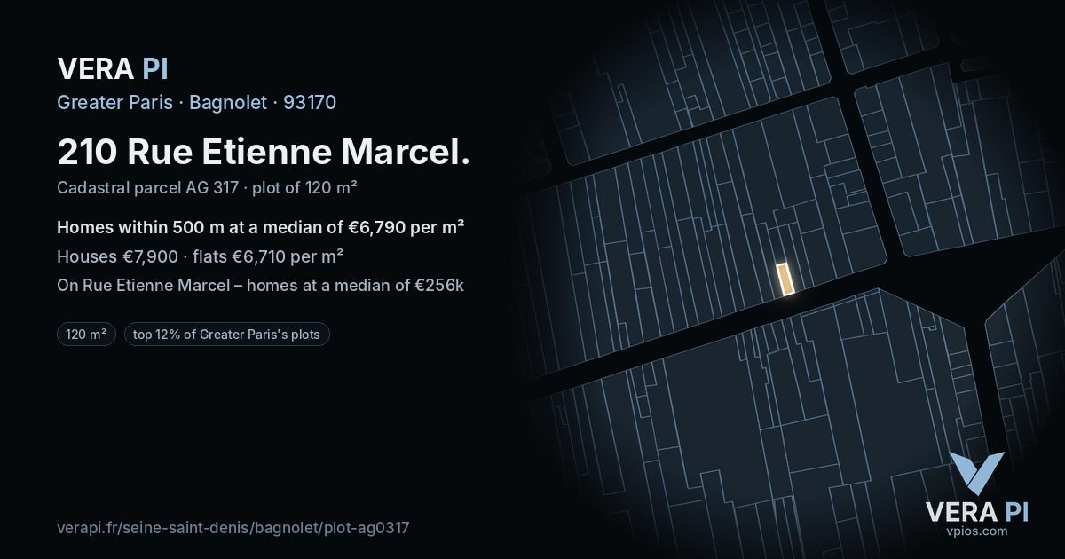 210 Rue Etienne Marcel, Bagnolet at night – the plot lit, the parcels around coloured by the prices near them