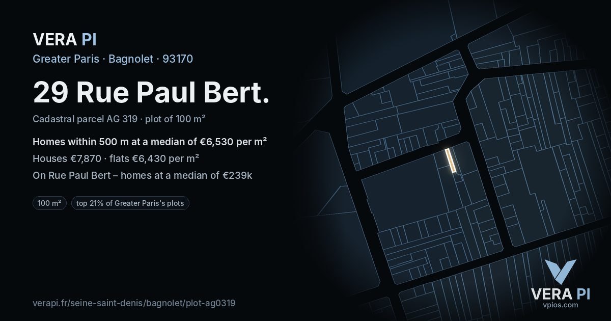 29 Rue Paul Bert, Bagnolet at night – the plot lit, the parcels around coloured by the prices near them