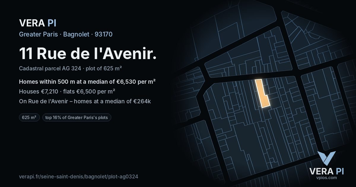 11 Rue de l'Avenir, Bagnolet at night – the plot lit, the parcels around coloured by the prices near them