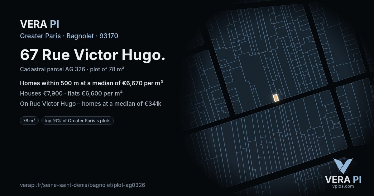67 Rue Victor Hugo, Bagnolet at night – the plot lit, the parcels around coloured by the prices near them