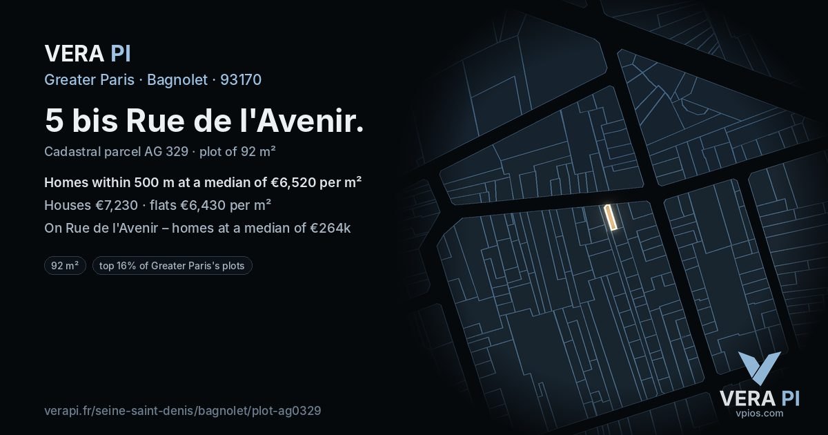 5 bis Rue de l'Avenir, Bagnolet at night – the plot lit, the parcels around coloured by the prices near them