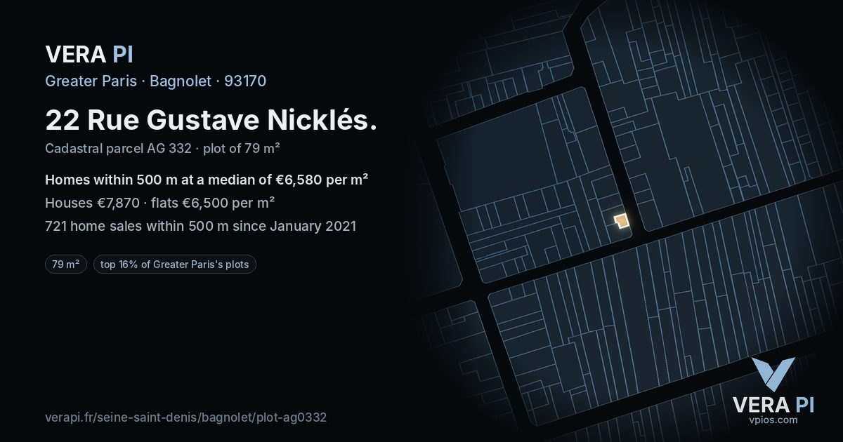 22 Rue Gustave Nicklés, Bagnolet at night – the plot lit, the parcels around coloured by the prices near them