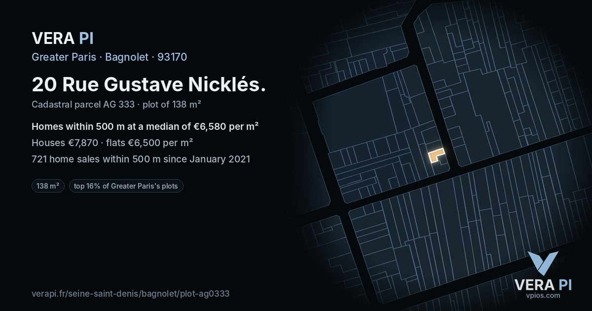 20 Rue Gustave Nicklés, Bagnolet at night – the plot lit, the parcels around coloured by the prices near them