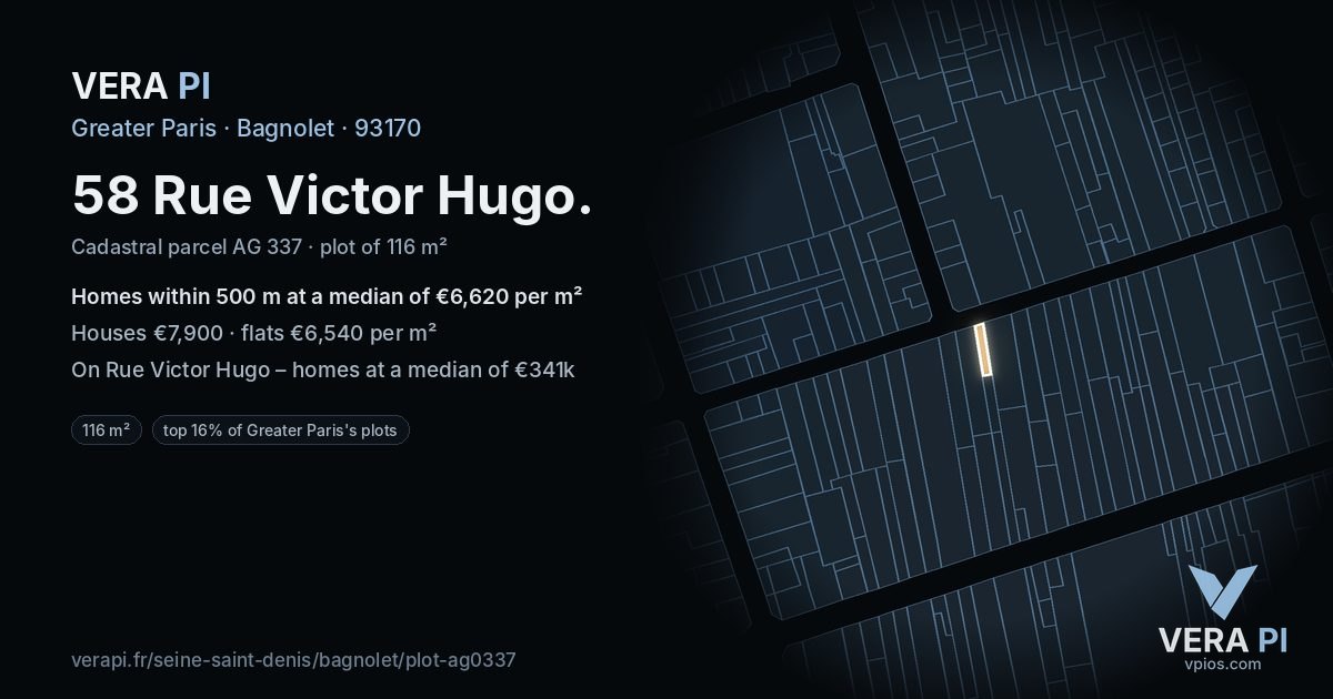 58 Rue Victor Hugo, Bagnolet at night – the plot lit, the parcels around coloured by the prices near them