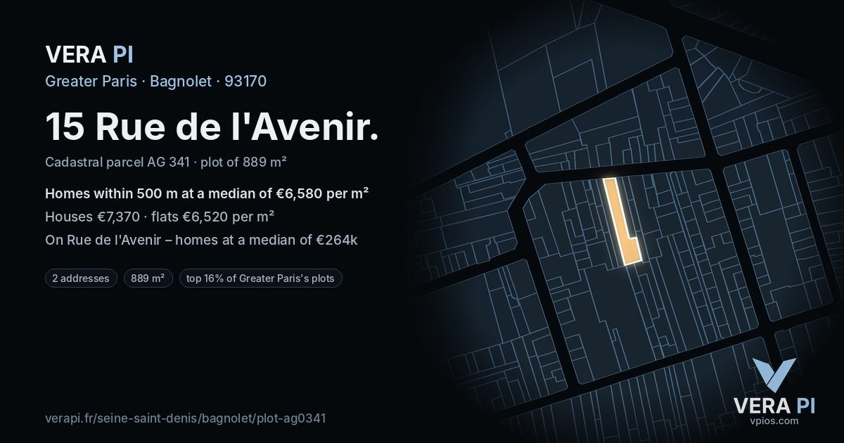 15 Rue de l'Avenir, Bagnolet at night – the plot lit, the parcels around coloured by the prices near them