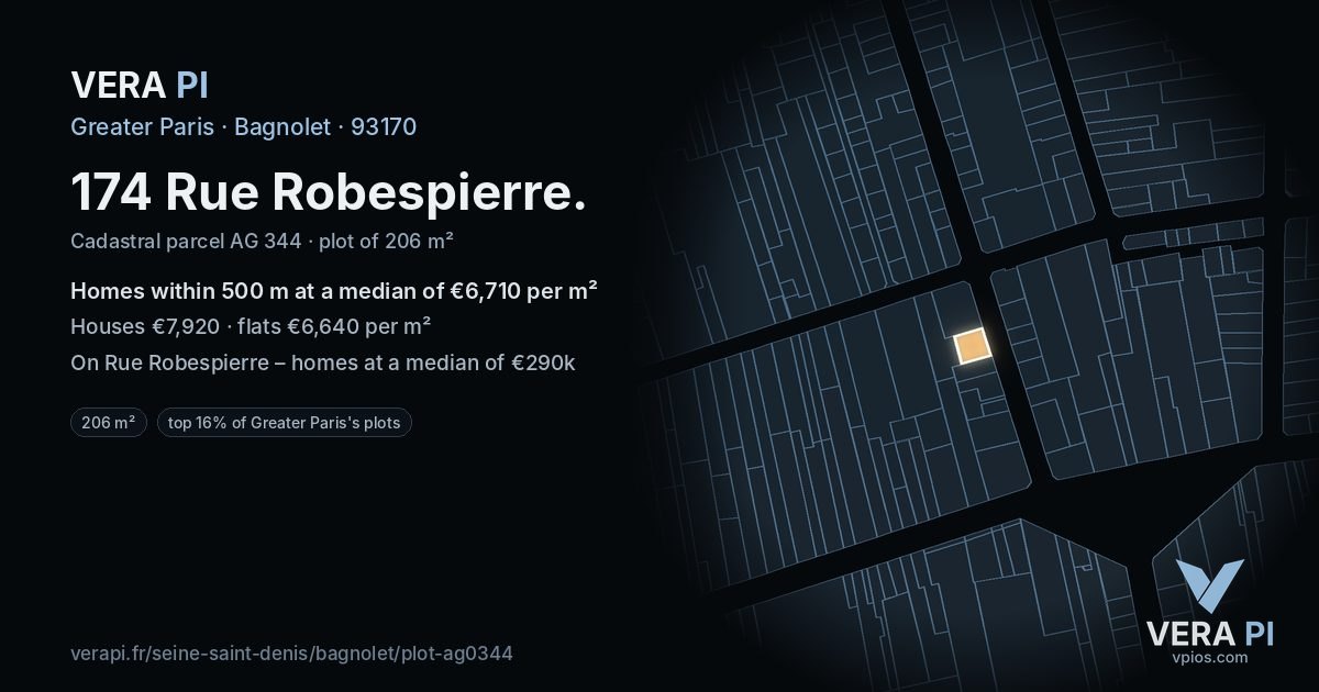 174 Rue Robespierre, Bagnolet at night – the plot lit, the parcels around coloured by the prices near them