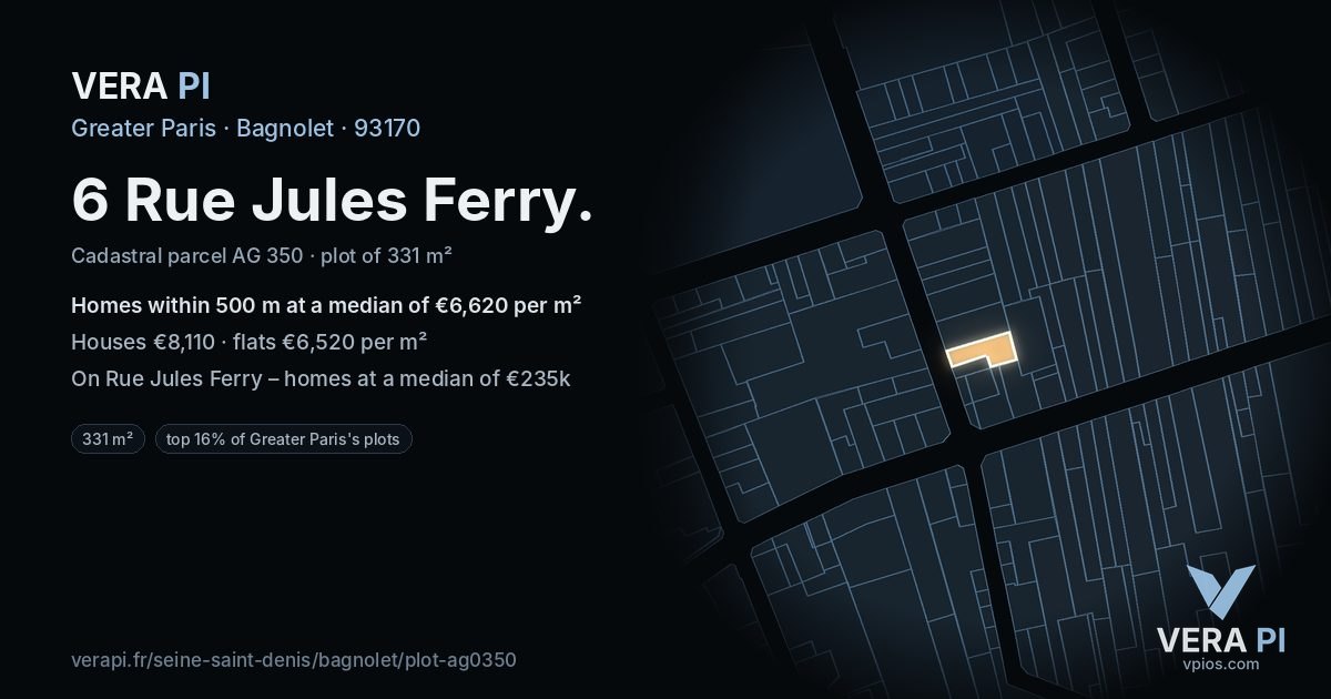 6 Rue Jules Ferry, Bagnolet at night – the plot lit, the parcels around coloured by the prices near them