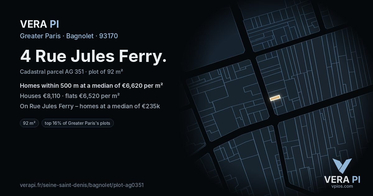 4 Rue Jules Ferry, Bagnolet at night – the plot lit, the parcels around coloured by the prices near them