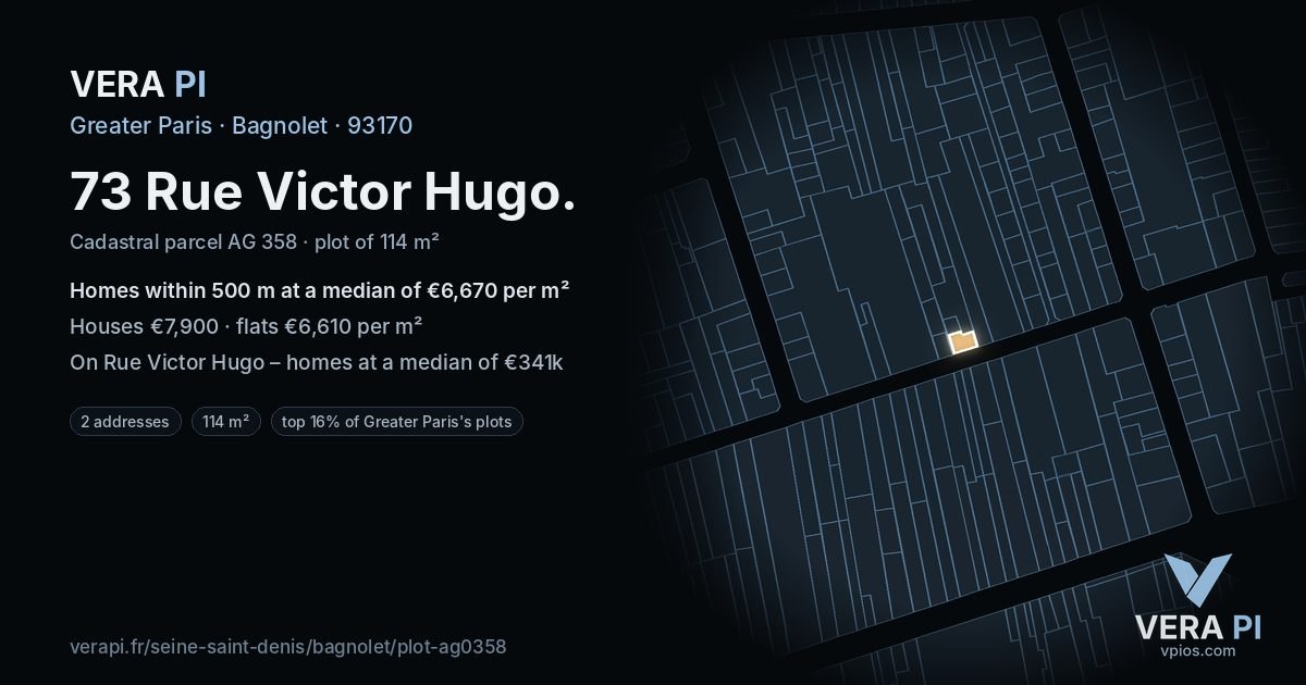 73 Rue Victor Hugo, Bagnolet at night – the plot lit, the parcels around coloured by the prices near them