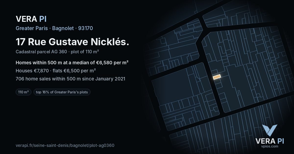 17 Rue Gustave Nicklés, Bagnolet at night – the plot lit, the parcels around coloured by the prices near them