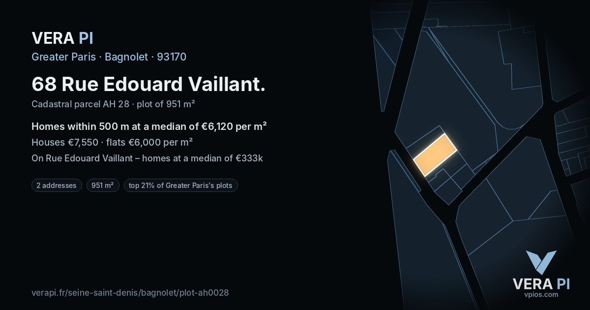 68 Rue Edouard Vaillant, Bagnolet at night – the plot lit, the parcels around coloured by the prices near them