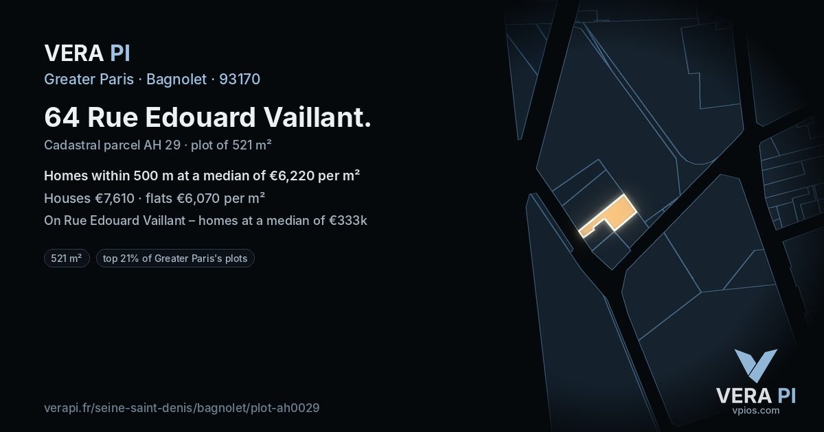 64 Rue Edouard Vaillant, Bagnolet at night – the plot lit, the parcels around coloured by the prices near them