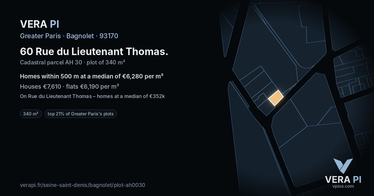 60 Rue du Lieutenant Thomas, Bagnolet at night – the plot lit, the parcels around coloured by the prices near them