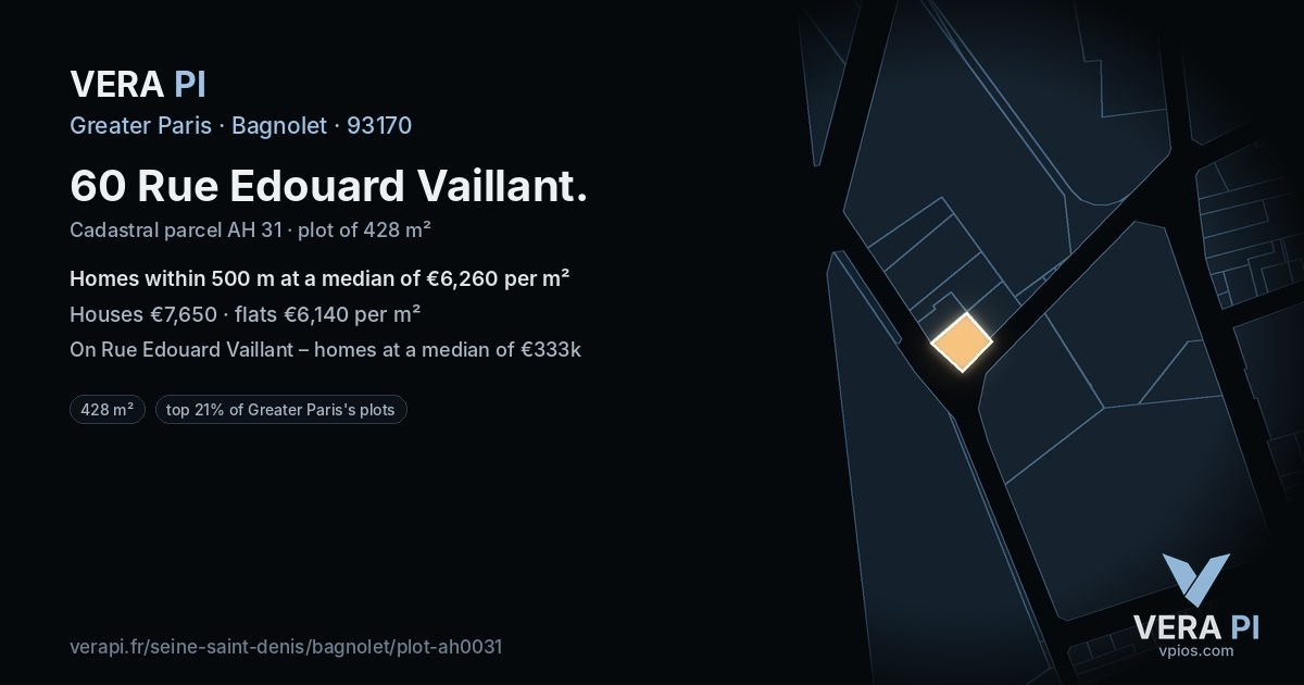 60 Rue Edouard Vaillant, Bagnolet at night – the plot lit, the parcels around coloured by the prices near them