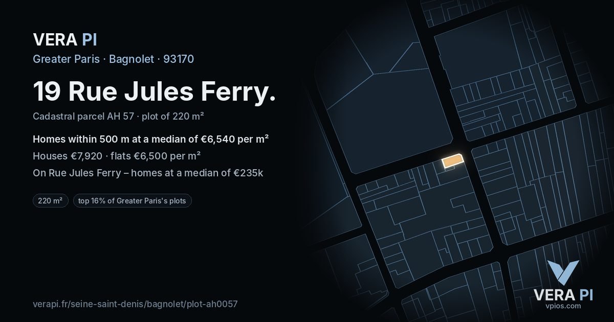 19 Rue Jules Ferry, Bagnolet at night – the plot lit, the parcels around coloured by the prices near them