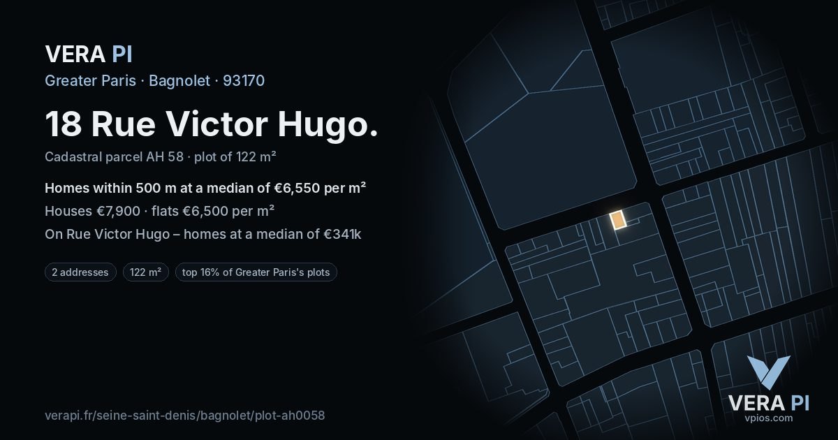 18 Rue Victor Hugo, Bagnolet at night – the plot lit, the parcels around coloured by the prices near them