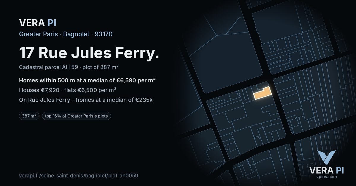 17 Rue Jules Ferry, Bagnolet at night – the plot lit, the parcels around coloured by the prices near them
