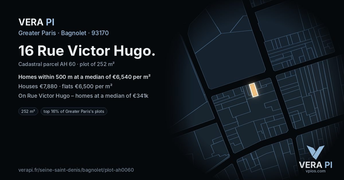 16 Rue Victor Hugo, Bagnolet at night – the plot lit, the parcels around coloured by the prices near them